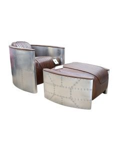 Aviator Handmade Pilot Chair With Footstool Vintage Distressed Brown Real Leather 