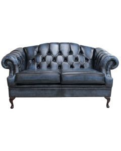 Chesterfield 2 Seater Antique Blue Leather Sofa Settee Custom Made In Victoria Style