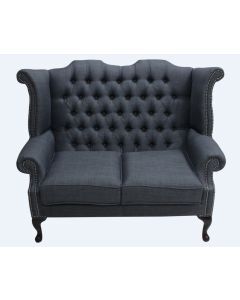 Chesterfield 2 Seater High Back Wing Sofa Charles Charcoal Grey Linen Fabric In Queen Anne Style