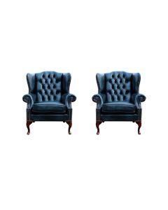 Chesterfield 2 x Wing Chair Antique Blue Leather Bespoke In Mallory Style