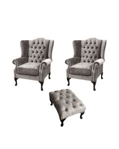 Chesterfield 2 x Wing Chairs + Footstool Boutique Beige Velvet In Mallory Style