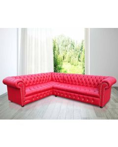 Chesterfield 3 Seater + Corner + 2 Seater Flame Red Leather Crystal Buttoned Seat Corner Sofa Unit In Classic Style   