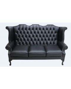 Chesterfield 3 Seater High Back Wing Sofa Shelly Black Leather In Queen Anne Style