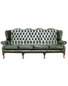 Chesterfield 4 Seater Flat Wing High Back Antique Green Leather Sofa In Queen Anne Style