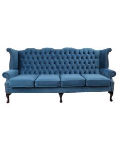 Chesterfield 4 Seater High Back Wing Sofa Amalfi Cadet Blue Velvet In Queen Anne Style 