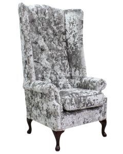 Chesterfield 5ft High Back Wing Chair Lustro Argent Fabric Bespoke In Soho Style