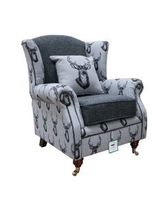 Chesterfield Fireside High Back Armchair Deer Print Charcoal Grey Fabric Wing Chair 