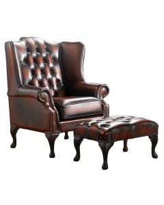 Chesterfield Flat Wing Chair + Footstool Antique Light Rust Leather In Mallory Style