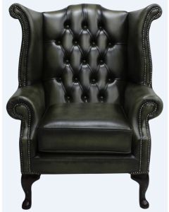 Chesterfield High Back Wing Chair Antique Olive Leather Bespoke In Queen Anne Style  