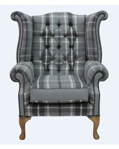 Chesterfield High Back Wing Chair Balmoral Dove Silver Grey Fabric And Leather In Queen Anne Style