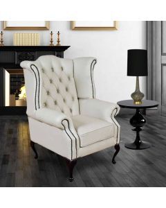 Chesterfield High Back Wing Chair Shelly White Real Leather Bespoke In Queen Anne Style
