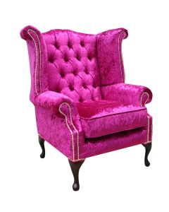 Chesterfield High Back Wing Chair Shimmer Fuchsia Velvet Bespoke In Queen Anne Style 
