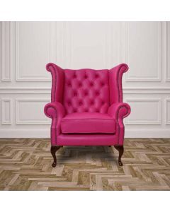 Chesterfield High Back Wing Chair Vele Fuchsia Pink Leather Bespoke In Queen Anne Style  