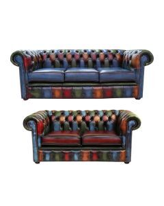 Chesterfield Patchwork 3 Seater + 2 Seater Sofa Suite Antique Real Leather In Classic Style