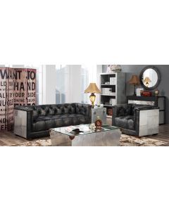 Vintage Spitfire Chesterfield Sofa Suite Distressed Black Real Leather And Aluminium 