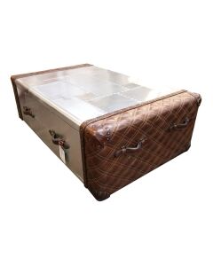 Aviator 2 Drawer Coffee Table Vintage Metal Aluminium Brown Real Leather 