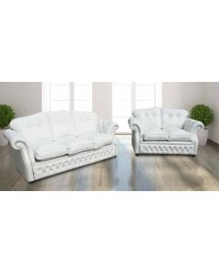 Chesterfield 3+2 Seater Sofa Suite Crystal White Leather In Era Style