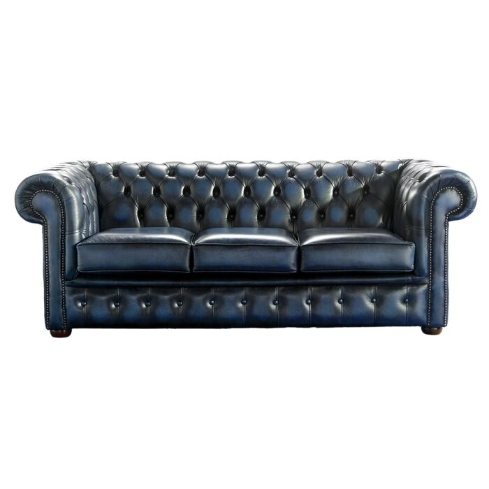 Antique Blue Leather 3 Seater Chesterfield Sofa Classic Style