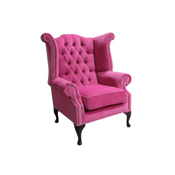 Fuchsia Pink Fabric Chesterfield Wing Chair Queen Anne Style